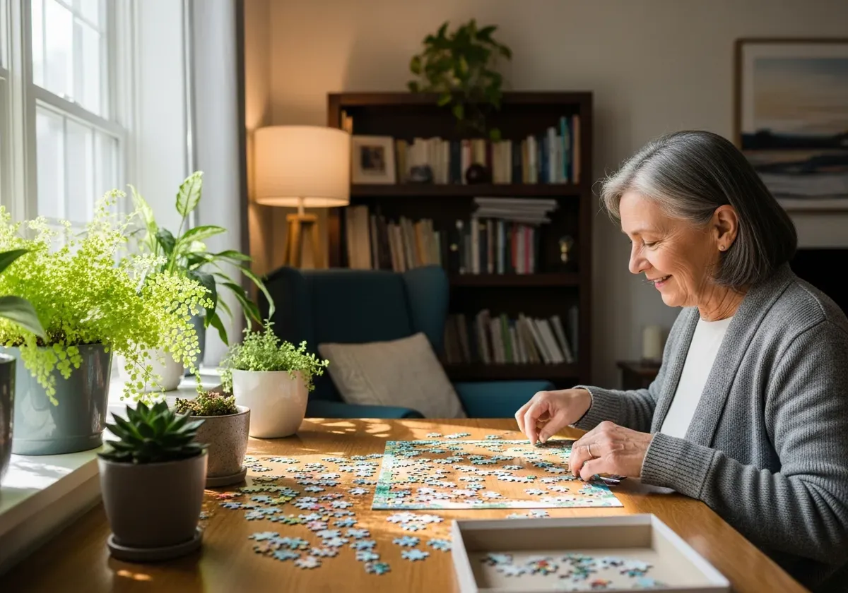 Older adult exercising, reading, socializing and doing puzzles for cognitive wellness and brain health