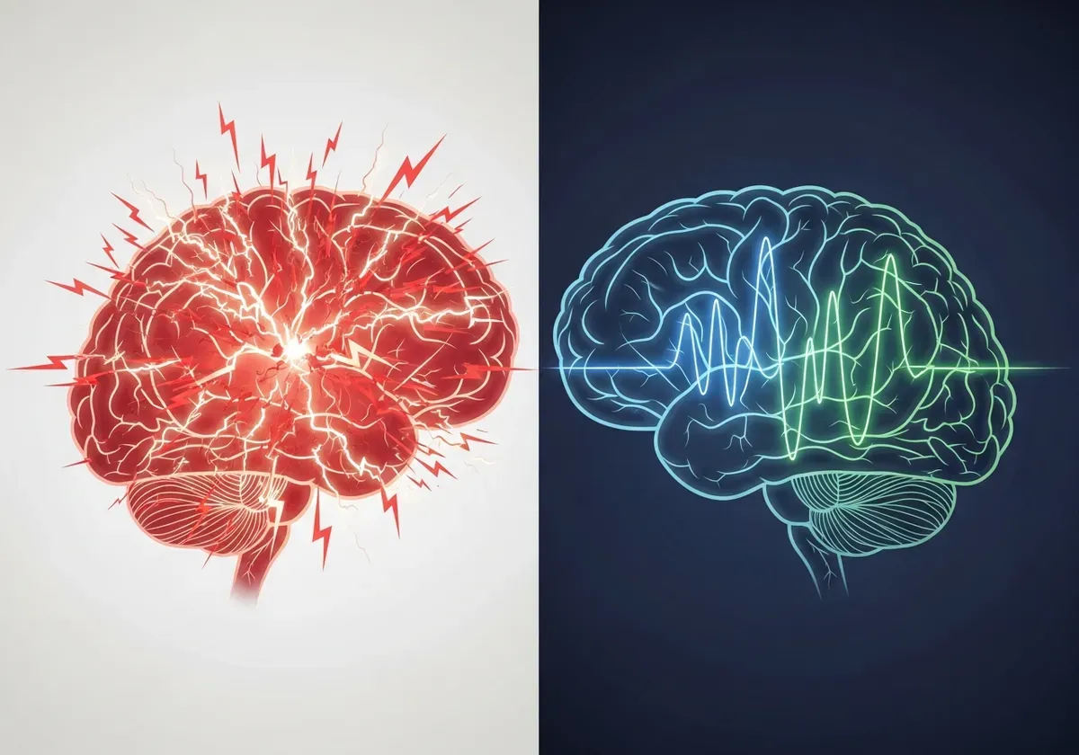 Brain comparison showing jittery caffeine effects left versus smooth focused patterns right with L-Theanine and Caffeine Stac