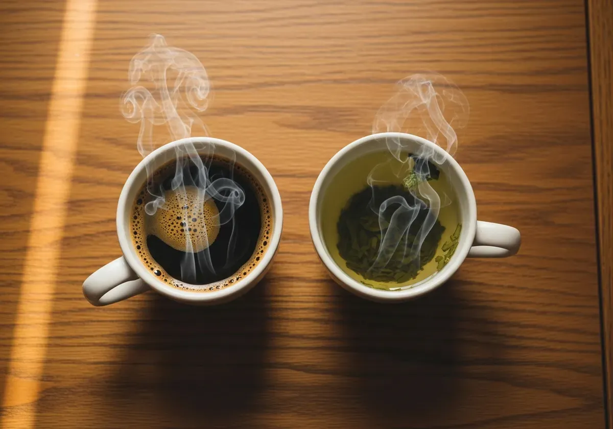 Cup of coffee and green tea side-by-side showing L-theanine and caffeine combination for enhanced focus and calm alertness