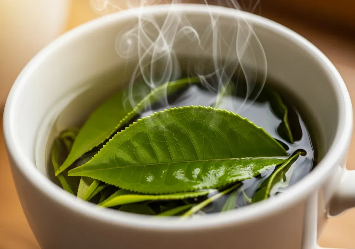 Green tea leaves steeping in white cup, natural source of L-theanine for anxiety and focus relief