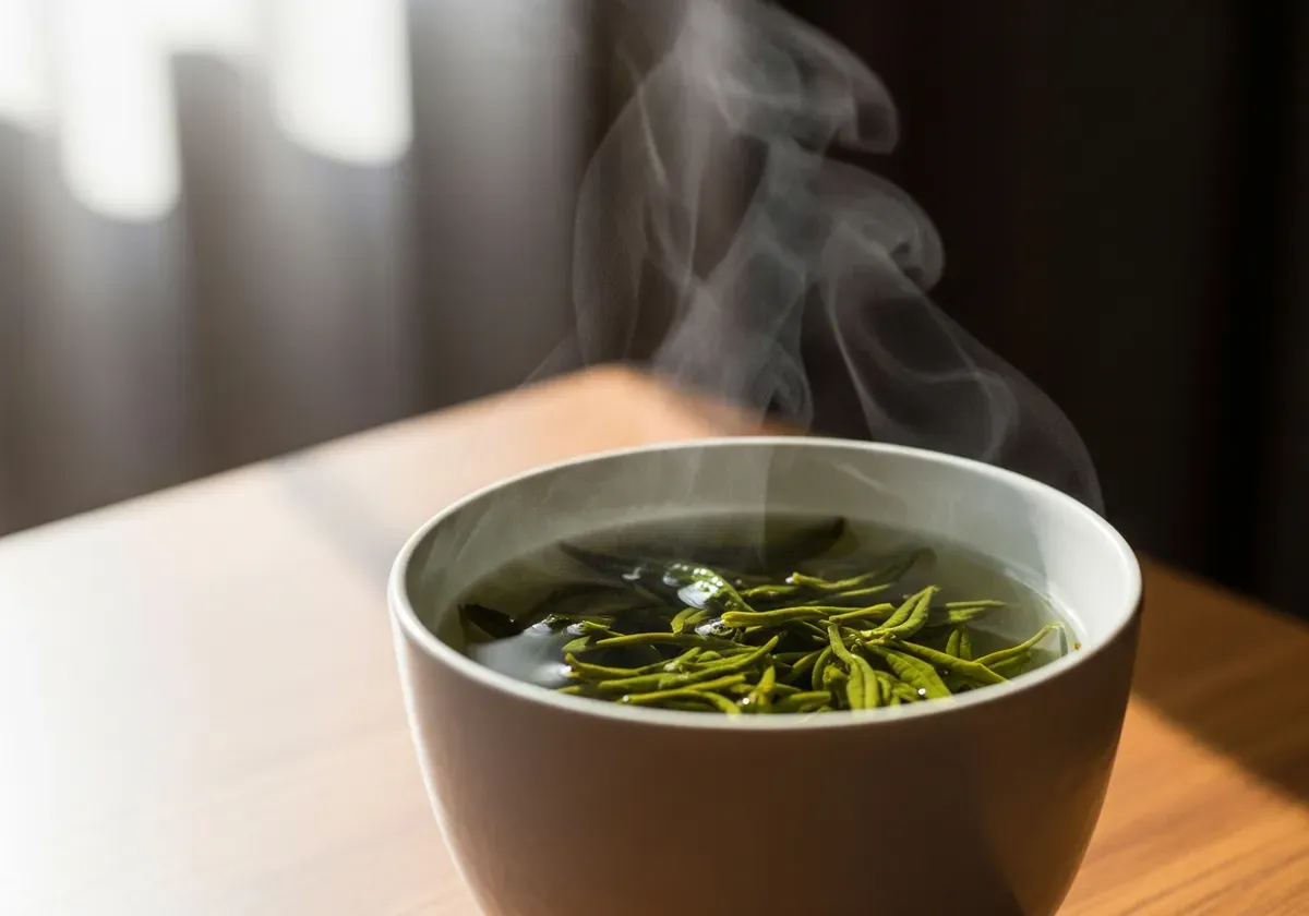Fresh green tea leaves steeping in hot water, natural source of L-theanine amino acid