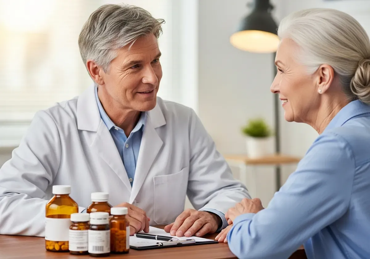 Healthcare provider discussing L-Theanine dosage and potential drug interactions with older adult patient during consultation