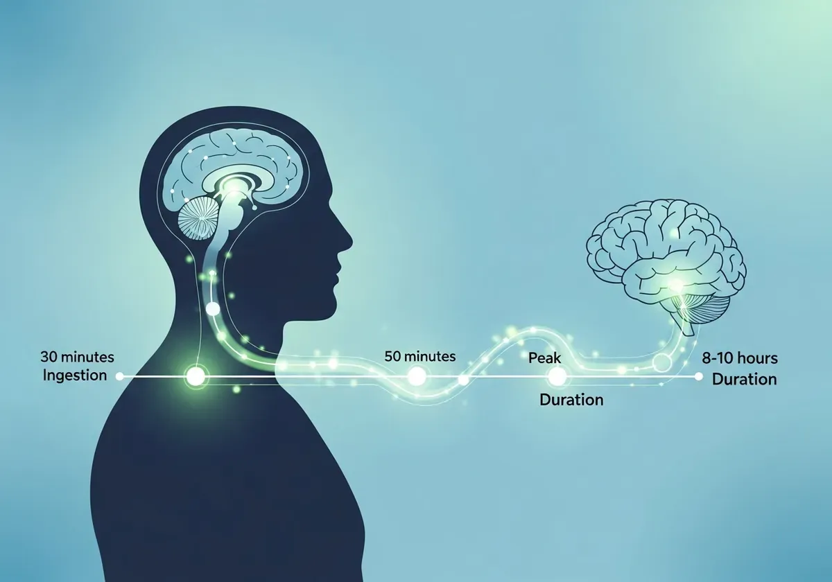 L-Theanine absorption timeline illustration showing peak effects at 30-60 minutes and 8-10 hour duration for anxiety and focu