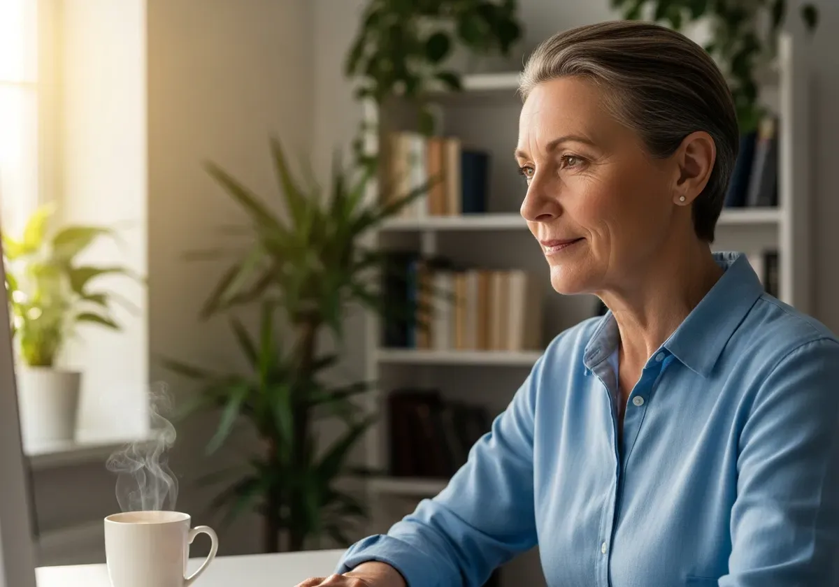 Calm older adult focused at desk with coffee in bright home office, demonstrating L-Theanine and Caffeine Stack benefits for