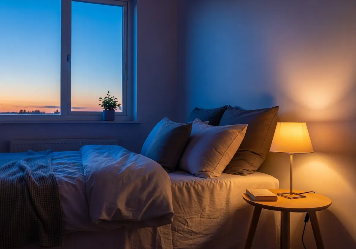 Serene bedroom at dusk with soft lighting, illustrating L-Theanine's sleep quality benefits and relaxation effects