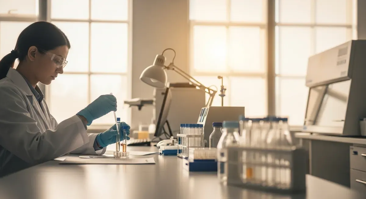 Researcher examining test tubes in clinical laboratory during L-Theanine safety profile and contraindications study with prof