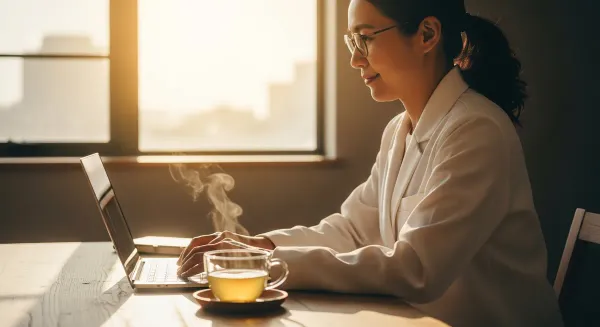 Calm person at desk with tea and laptop in natural light, illustrating L-Theanine dosage benefits for focus and anxiety relie