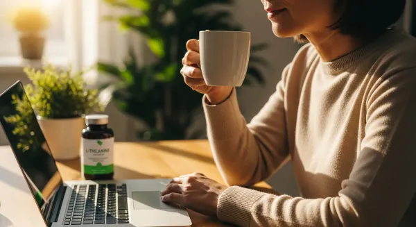 Focused professional at desk with tea and L-Theanine supplement bottle, demonstrating calm concentration during morning work 